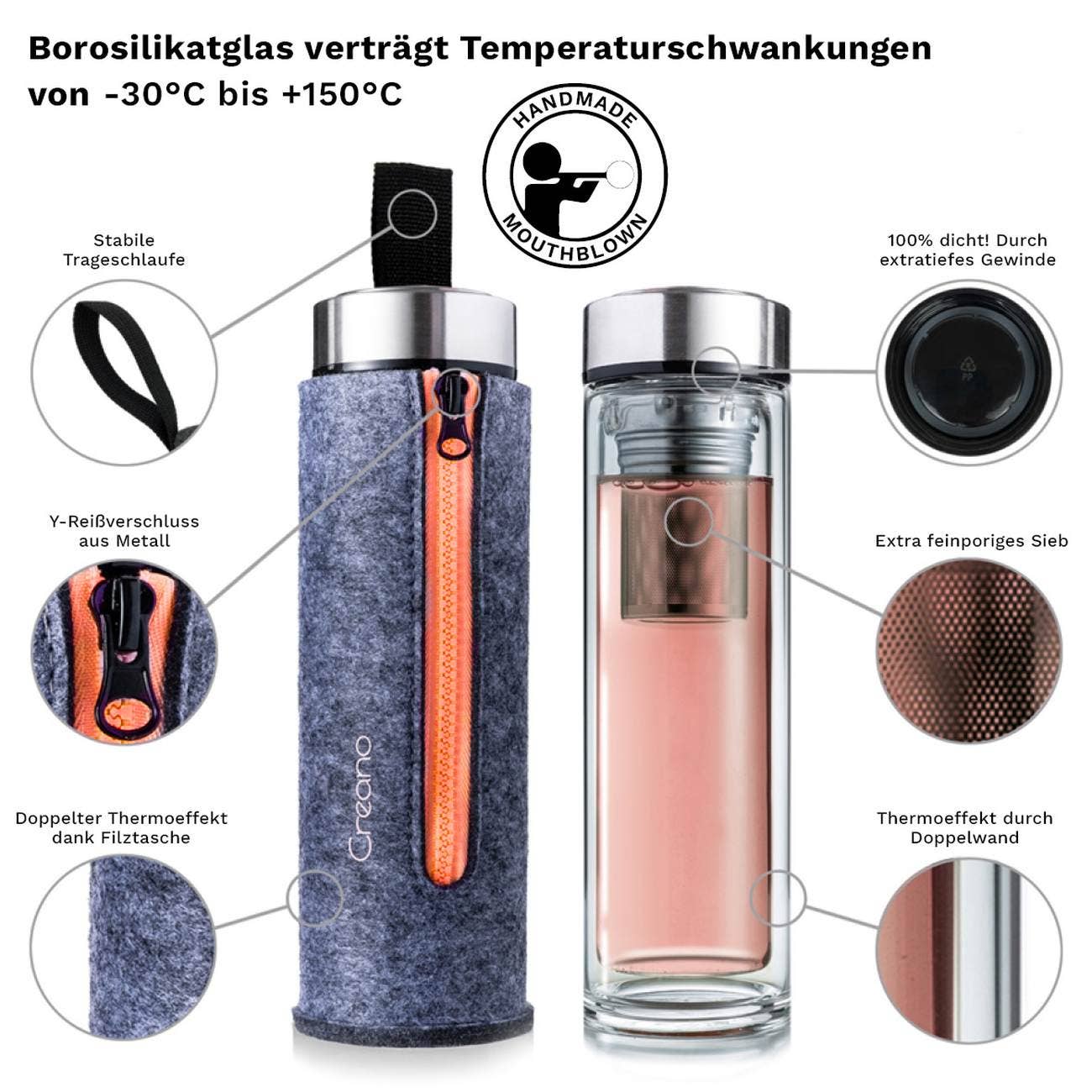 Double-walled teamaker incl. felt bag (400ml); orange
