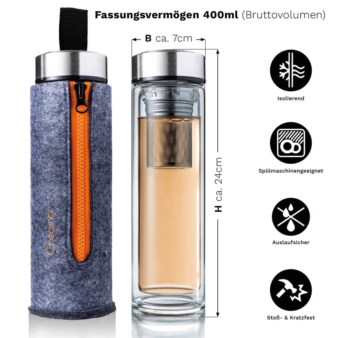 Double-walled teamaker incl. felt bag (400ml); orange