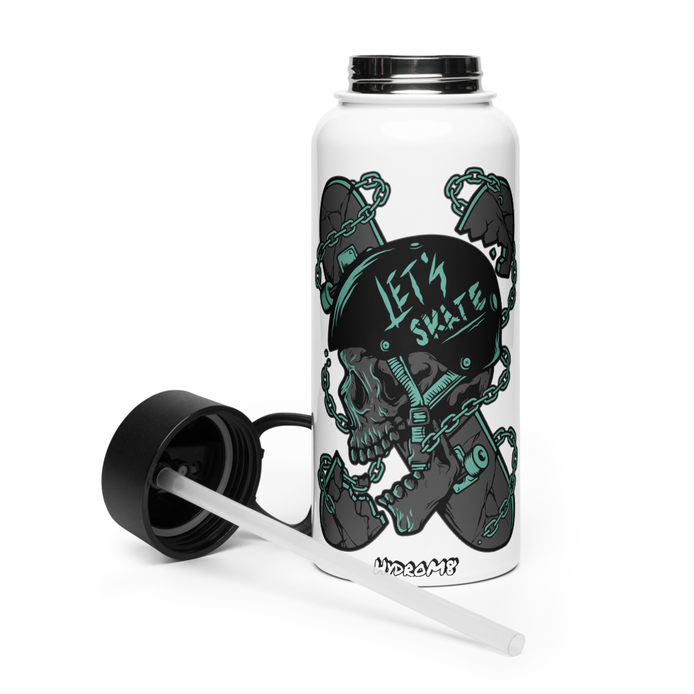 „HydroM8 Skull“ – „Let`s skate“ nerūdijančio plieno vandens butelis su šiaudiniu dangteliu