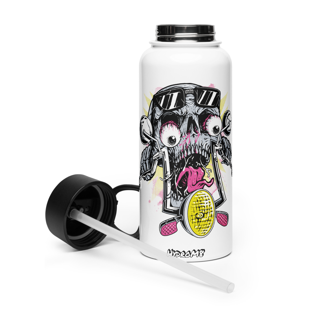 HydroM8 "Biker Skull" Nerūdijančio plieno vandens butelis su šiaudiniu dangteliu